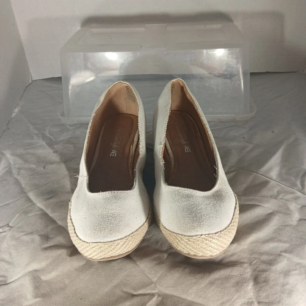 American Eagle Espadrille Wedges 7.5 Cream Canvas‎ Slip On Coastal Boho Summer